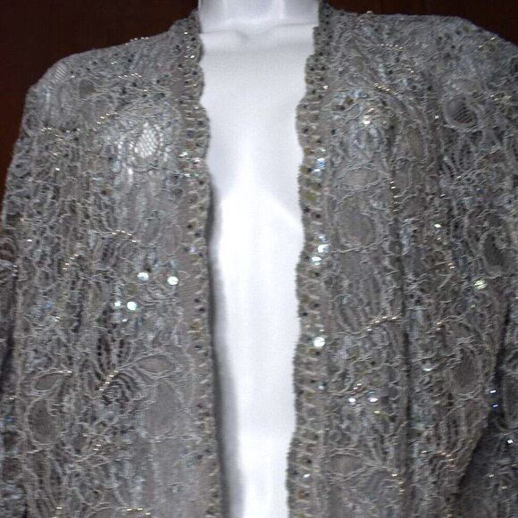 Karen Miller VTG Sequin Blazer L Light Blue Sheer Open Cardigan Glam Beaded - Picture 4 of 16